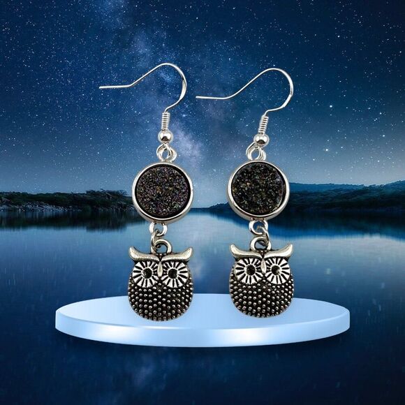 Peacock Color Druzy & Owl Earrings 925 Sterling Silver Ear Wires - Picture 1 of 10